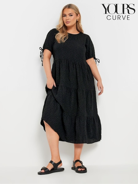 Yours Curve Black Textured Ditsy Tiered Smock Dress (F42797) | £39