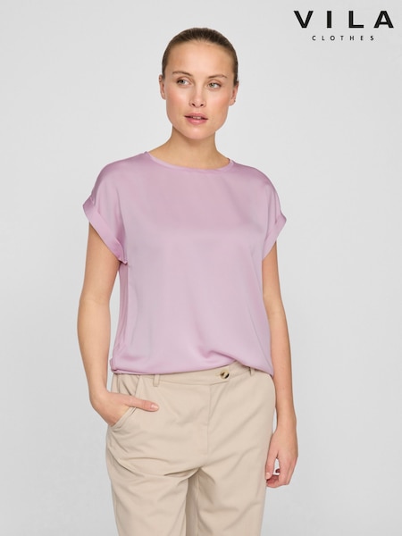 VILA Purple Short Sleeve Satin and Jersey Top (F42830) | £25