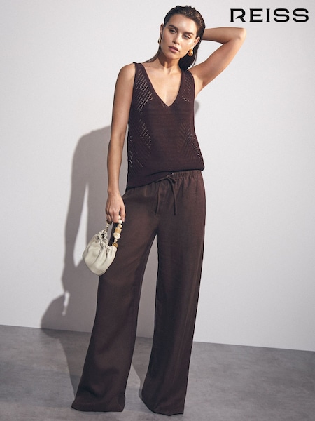 Reiss Chocolate Brown Willow Linen-Blend Wide-Leg Trousers (F43017) | £130