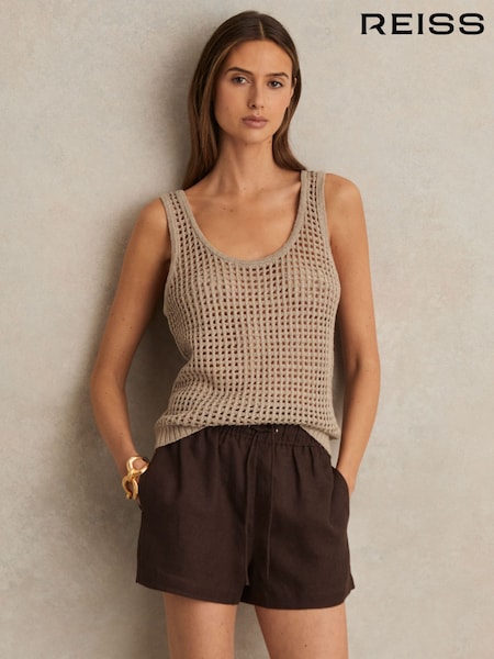 Reiss Chocolate Brown Willow Linen Blend Drawstring Shorts (F43030) | £88
