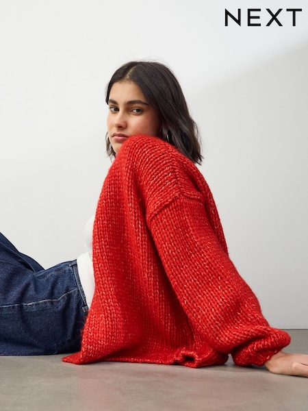 Red Soft Touch Chunky Knit Cardigan With Wool (F43094) | £36