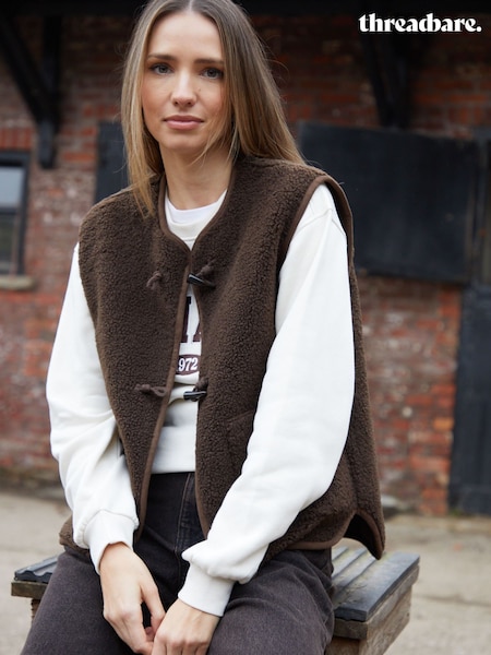 Threadbare Chocolate Brown Toggle Fleece Borg Gilet (F43171) | £32