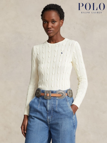 Polo Ralph Lauren Cream Cable-Knit Cotton Crewneck Sweater (F43211) | £190