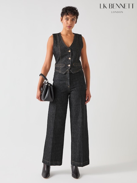 LK Bennett Black Ami Cotton Blend Denim Tailored Wide Trousers (F43437) | £179