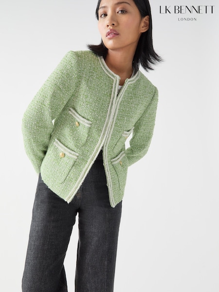LK Bennett Green Petite Charlie Treetop & Birch Cotton Blend Tweed And Trim Jacket (F43468) | £349