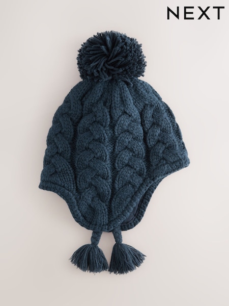 Navy Blue Cable Knit Inca Pom Hat (3mths-10yrs) (F43542) | £8
