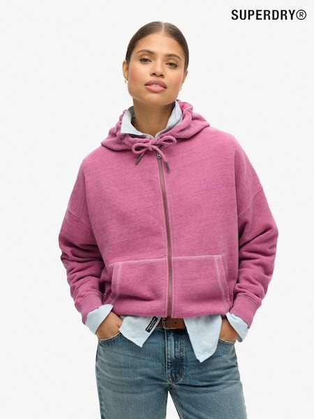 Superdry Pink Essential Logo Overdyed Zip 100% Cotton Hoodie (F43581) | £60