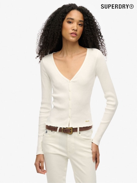 Superdry White Essential Button Long Sleeve 100% Cotton Top (F43589) | £25