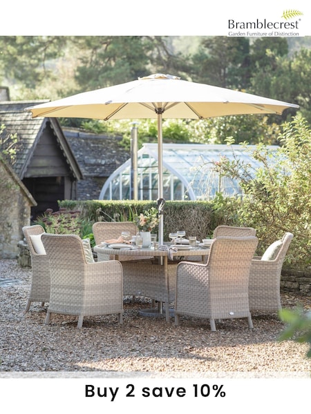 Bramblecrest Willow Patagonia Garden Round Table with 6 Armchairs and Parasol (F43922) | £1,500