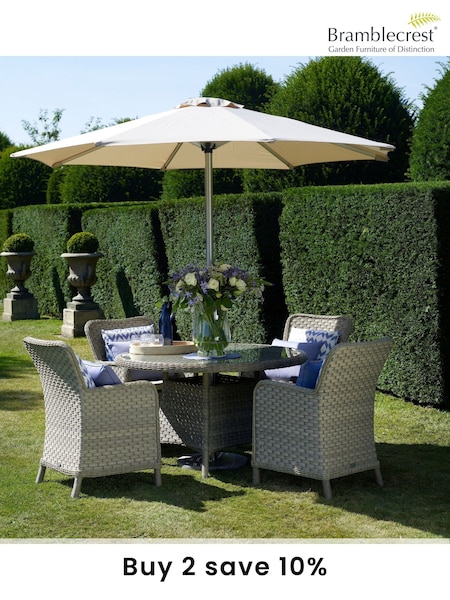 Bramblecrest Willow Patagonia Garden Round Table with 4 Armchairs and 4 Seater Parasol (F43923) | £1,200