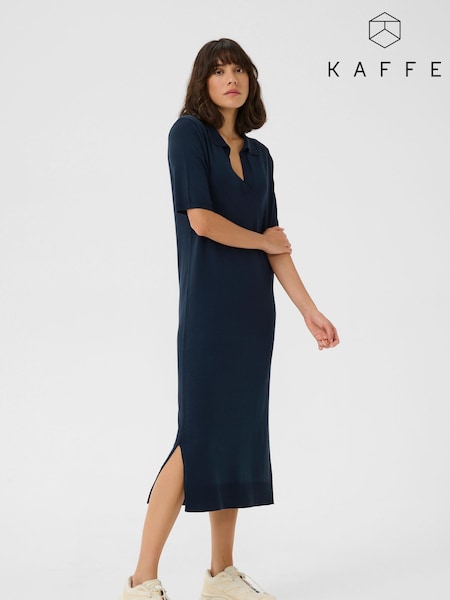 Kaffe Blue KAlizza Knit Short Sleeves Polo Dress (F43938) | £60