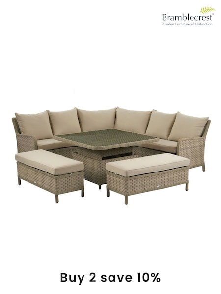 Bramblecrest Willow Patagonia Rattan Garden Square Sofa with 8 Seater Adjustable Casual Dining Table and 2 Benches (F43972) | £2,000