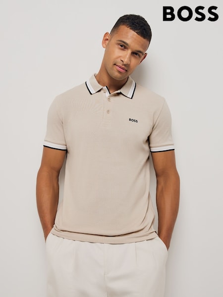 BOSS Cream Regular Fit Paddy Tipped Collar Polo Shirt (F44078) | £89