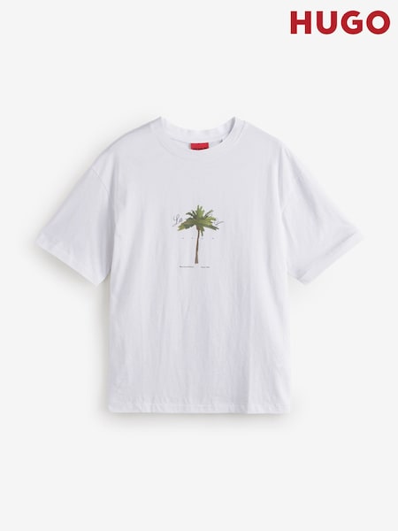 HUGO White 100% Cotton Palm Tree Logo T-Shirt (F44086) | £45