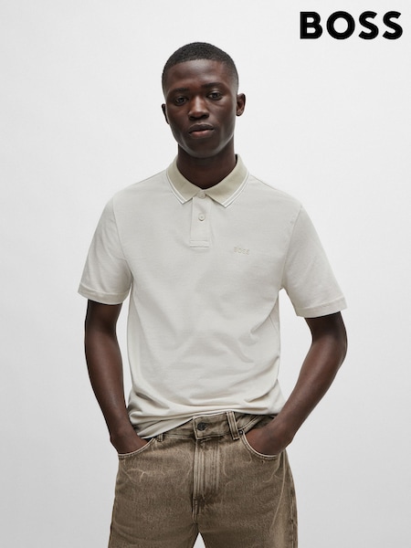 BOSS Cream Relaxed Fit 100% Cotton Tipped Collar Polo Shirt (F44159) | £89