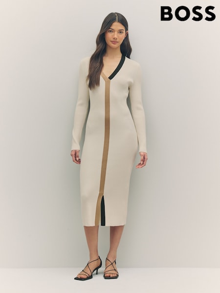 BOSS White Signature Stripe V-Neck Knit Midi Dress (F44238) | £229