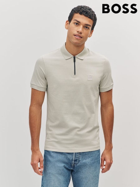 BOSS Biege Slim Fit Zip Neck Polo Shirt (F44287) | £79