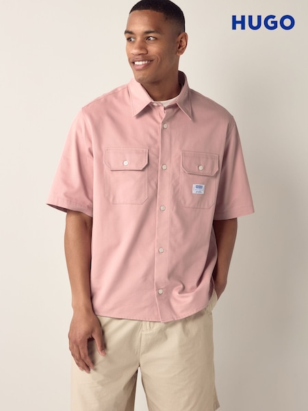 HUGO Pink Loose Fit Double Pocket Short Sleeve 100% Cotton Shirt (F44358) | £79