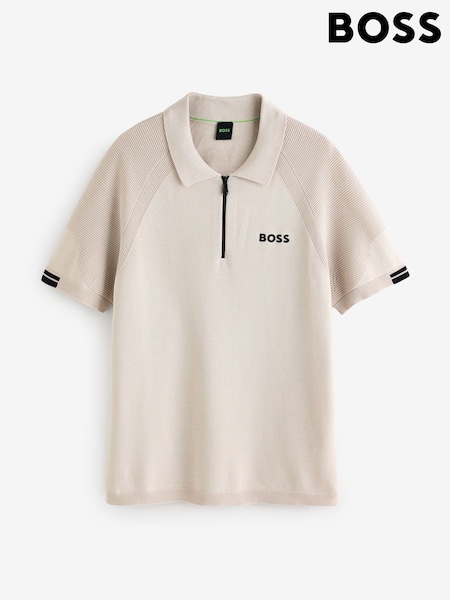 BOSS Beige Slim Fit Zip Neck Knitted Polo Shirt (F44412) | £139