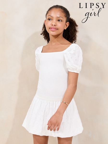 Lipsy Ivory Teen Broderie Puffball Dress (9-16yrs) (F44512) | £32 - £38