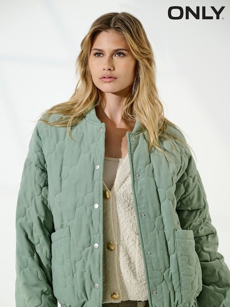 ONLY Green Quilted Button Up Bomber 100% Cotton Jacket (F44531) | £55