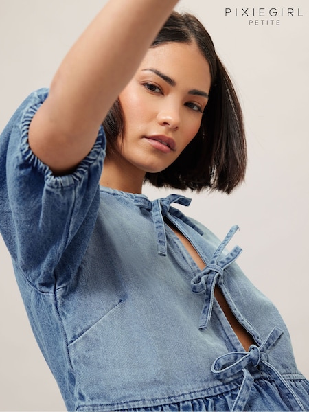 PixieGirl Petite Blue Tie Peplum 100% Cotton Blouses (F44568) | £37