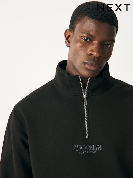 Black Cotton Rich Printed Graphic Zip Neck Sweat Top (F44657) | £36