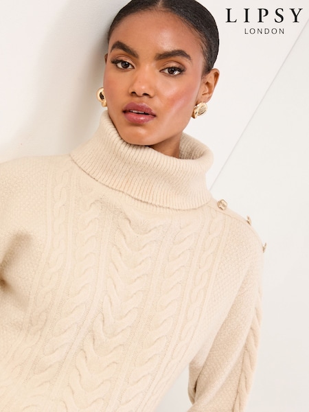Lipsy Neutral Petite Cowl Neck Longline Cable Knitted Jumper (F44740) | £40