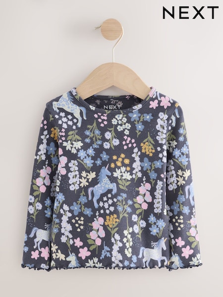 Navy Floral Unicorn Print Long Sleeve Ribbed T-Shirt (3mths-7yrs) (F45065) | £5 - £7