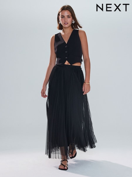 Black Pleated Mesh Tulle Maxi Skirt (F45099) | £45
