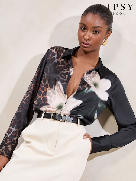 Lipsy Black/Animal Satin Printed Shirt (F45117) | £42