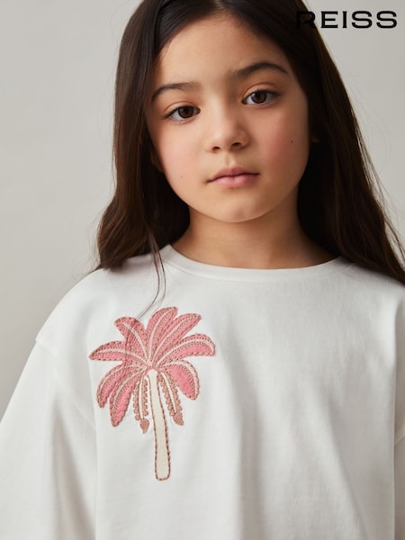 Reiss Ivory Palmer Cotton Palm Tree Cropped T-Shirt (F45218) | £15