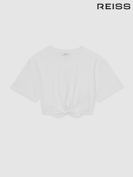 Reiss Ivory Tyla Cotton Tie-Front Cropped T-Shirt (F45221) | £19