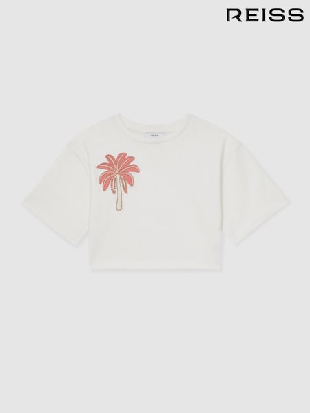 Reiss Ivory Palmer Cotton Palm Tree Cropped T-Shirt (F45226) | £18