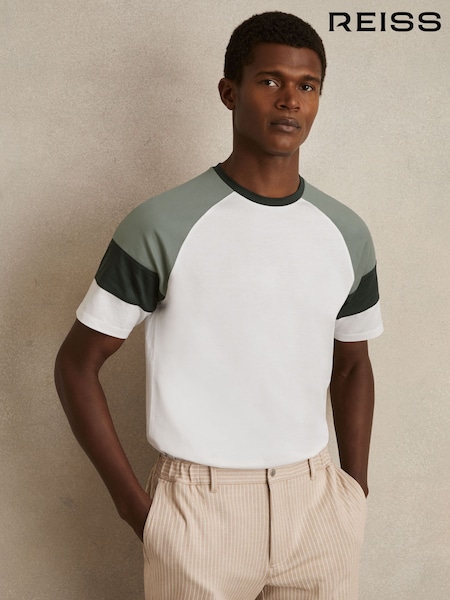 Reiss White/Sage Adan Mercerised-Cotton Colourblock T-Shirt (F45231) | £58