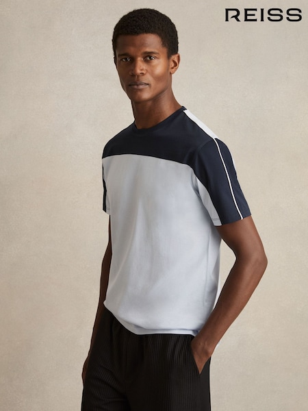 Reiss Soft Blue/Navy Otis Mercerised-Cotton Colour-Block T-Shirt (F45235) | £58