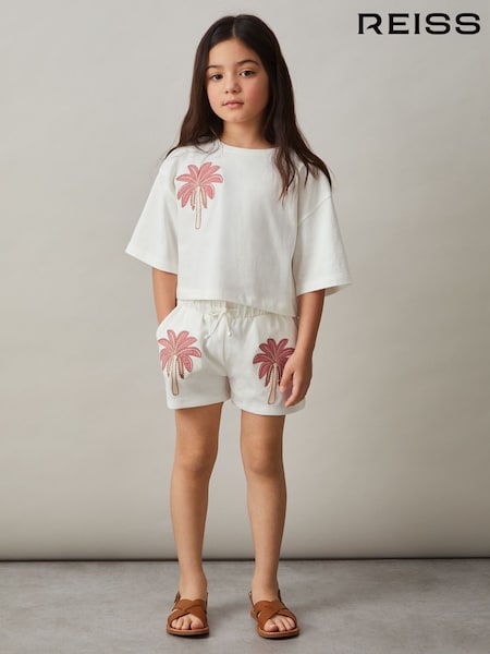 Reiss Ivory Palmer Cotton Palm Tree Cropped T-Shirt (F45236) | £17