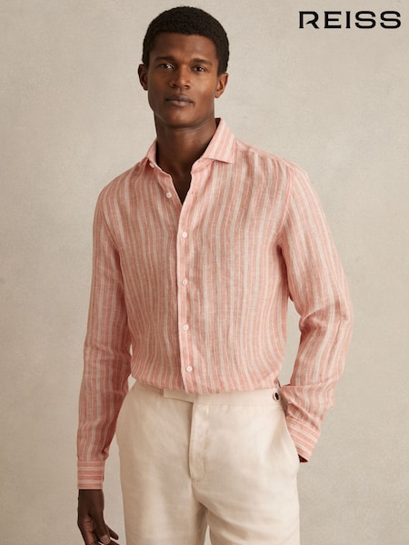 Reiss Pink Rose/White Bengal Stripe Ruban Linen Striped Cutaway-Collar Shirt (F45244) | £110