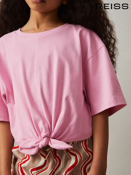 Reiss Pink Tyla Cotton Tie-Front Cropped T-Shirt (F45271) | £18