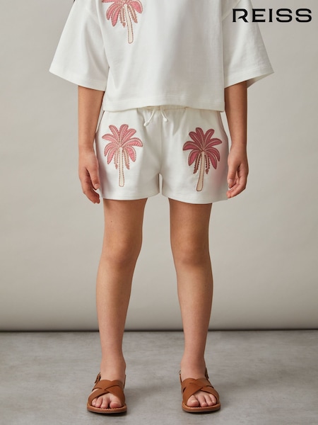 Reiss Ivory Palmer Cotton Palm Tree Drawstring Shorts (F45272) | £18