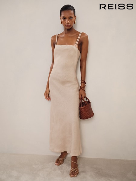 Reiss Neutral Roxanne Linen Double-Strap Slip Dress (F45274) | £158