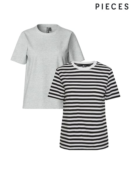 PIECES Grey 2 Pack T-Shirts Stripe And Plain (F45311) | £30