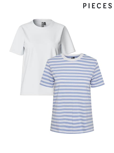 PIECES White 2 Pack T-Shirts Stripe And Plain (F45312) | £30