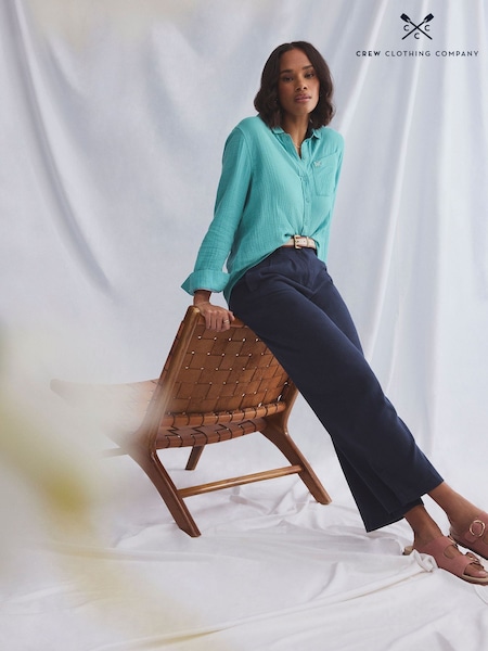 Crew Clothing Blue Linen Blend Wide Leg Trousers (F45374) | £69