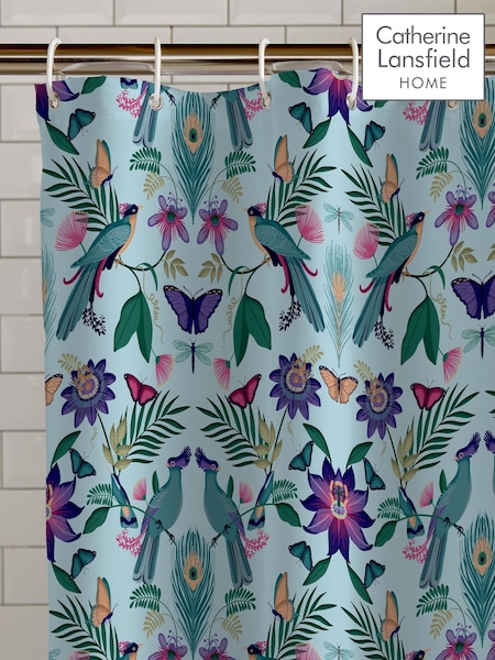 Catherine Lansfield Duck Egg Mya Tropical Bird Shower Curtain Panel (F45595) | £12