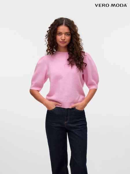 VERO MODA Pink Round Neck Puff Sleeve Knitted Jumper (F45828) | £24