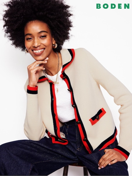 Boden Cream Holly Collared Knitted 100% Cotton Jacket (F45893) | £130