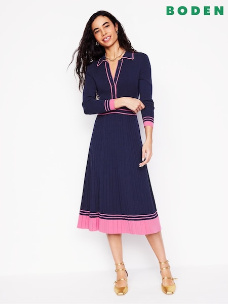 Boden Blue Collared Pleated Knitted Dress (F45900) | £140