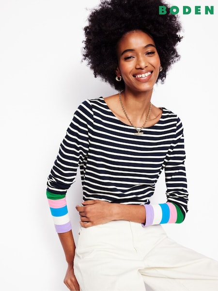 Boden Blue Ella Long Sleeve Breton 100% Cotton T-Shirt (F45922) | £34