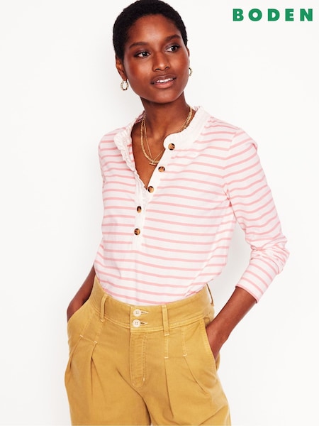 Boden Pink Frill Neck Breton 100% Cotton Top (F45948) | £48
